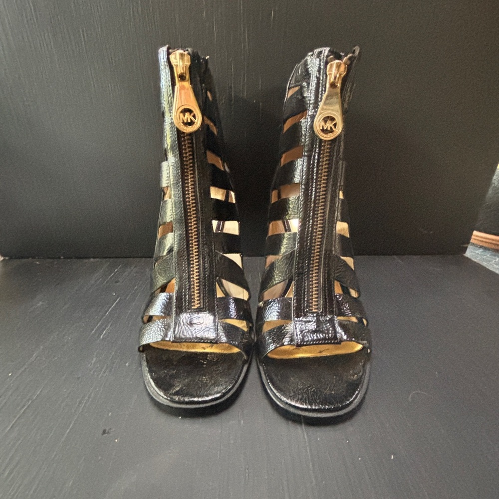 Michael Kors Black Strappy Heels with Gold Accents
